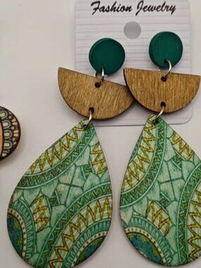 Wooden Tear Drop Screw In  Hand  painted Earrings